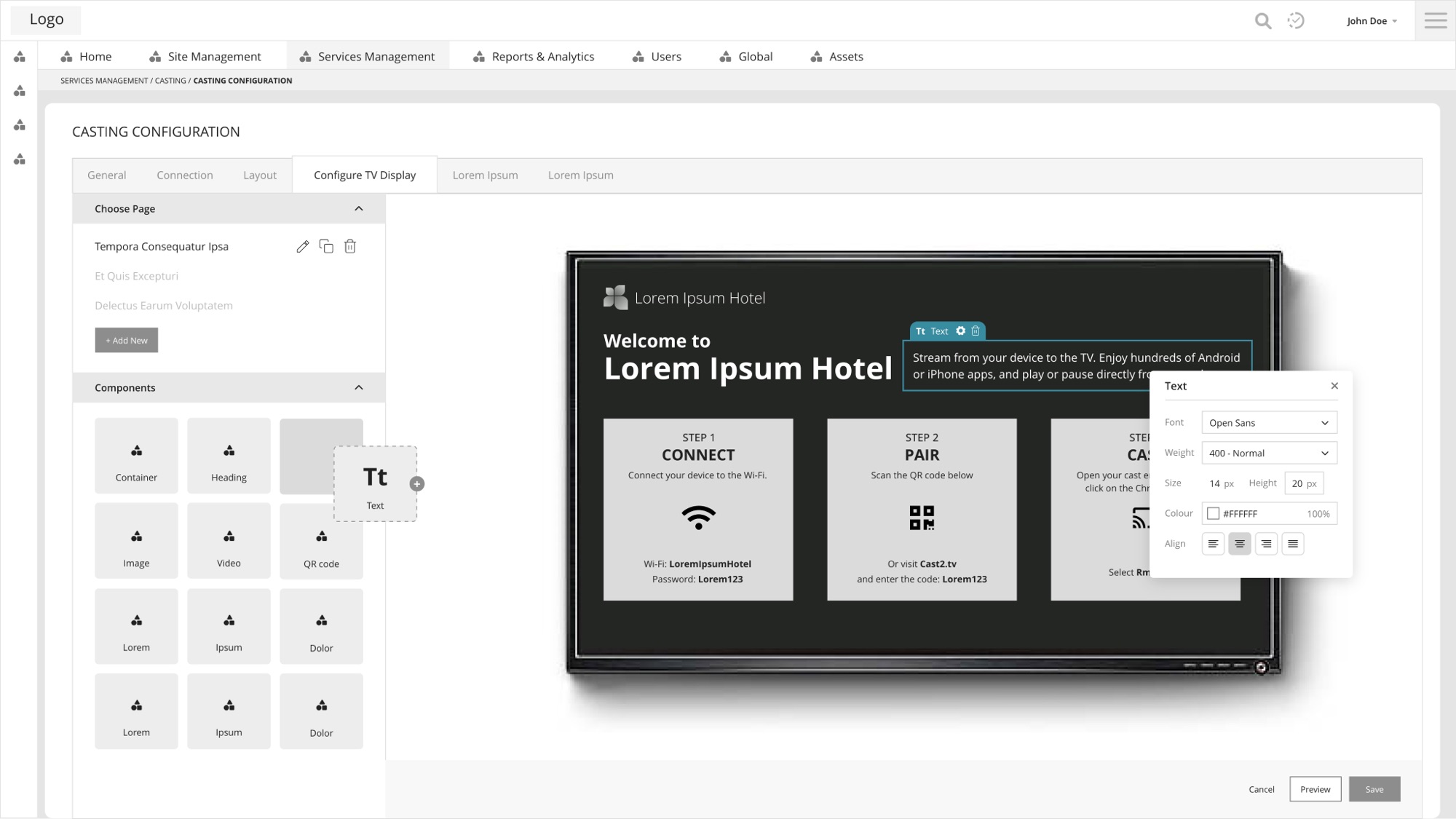 Casting configuration wireframe: component library on the left, TV welcome screen preview with a text style editor