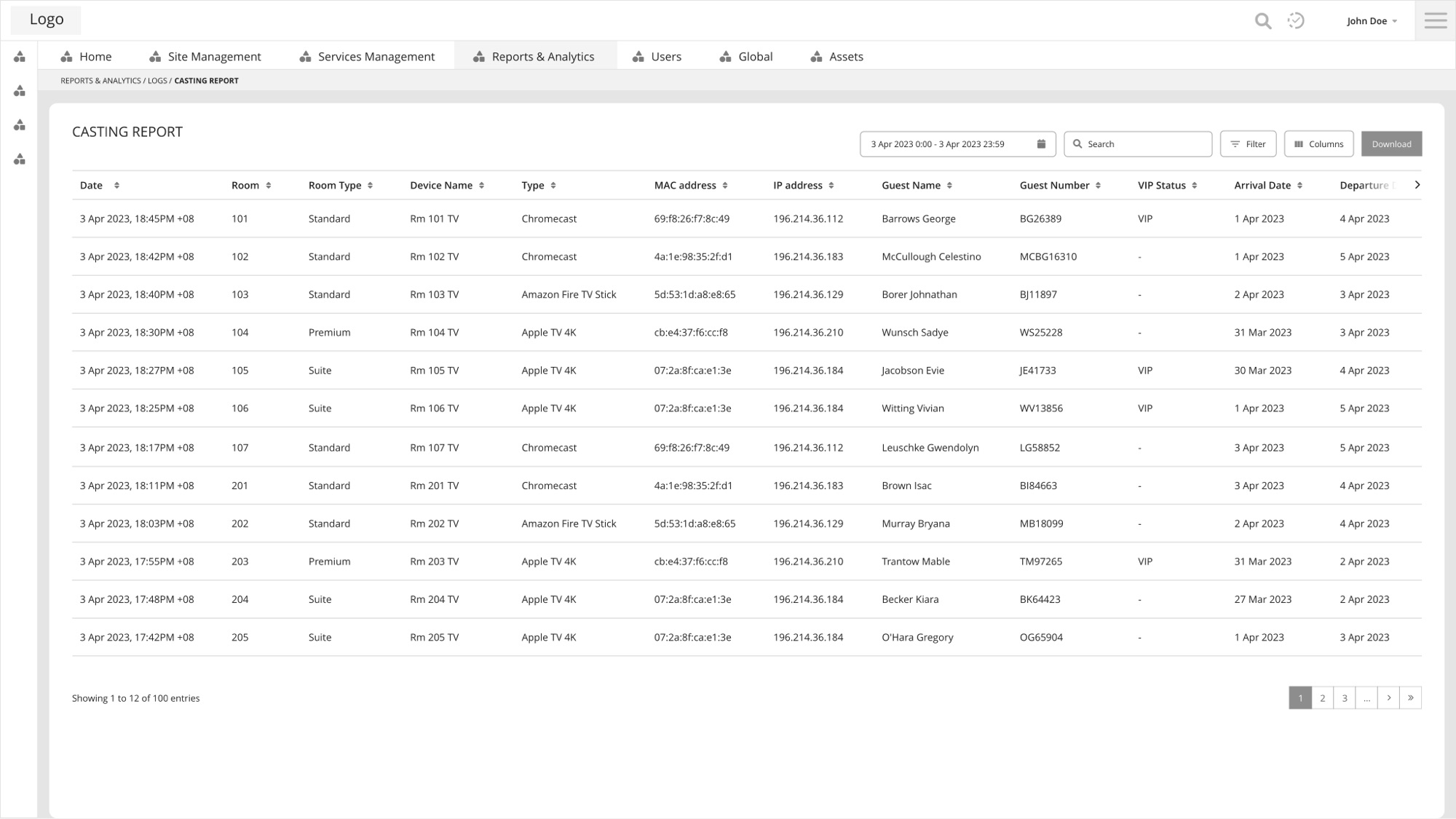 Casting report wireframe: a log table of casting sessions