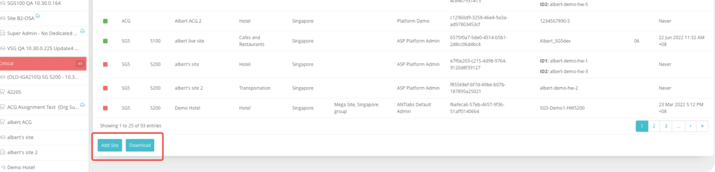 Existing table page with Add Site and Download buttons at the bottom, highlighted in red