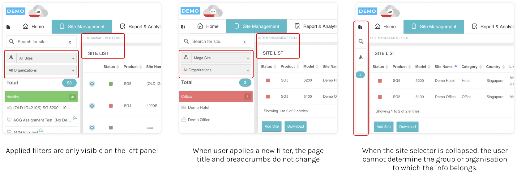 Three screenshots of the existing site list showing filters only in the left panel, an unchanged page title, and a collapsed selector hiding the filters