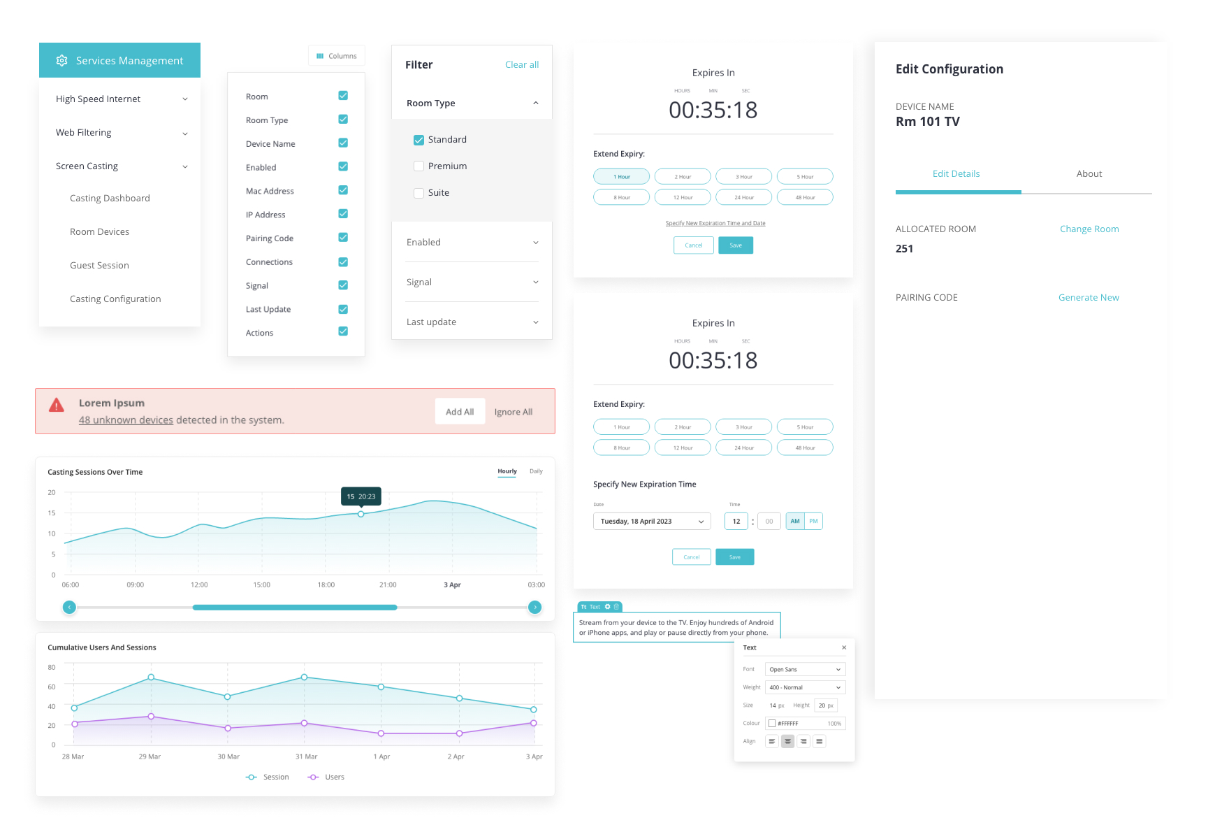 UI components: services menu, column selector, filter panel, alert banner, charts, session expiry timer and edit configuration sidebar