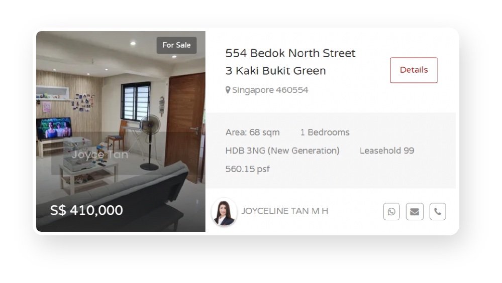 Existing listing card with price, area, bedrooms and tenure in plain text of similar weight