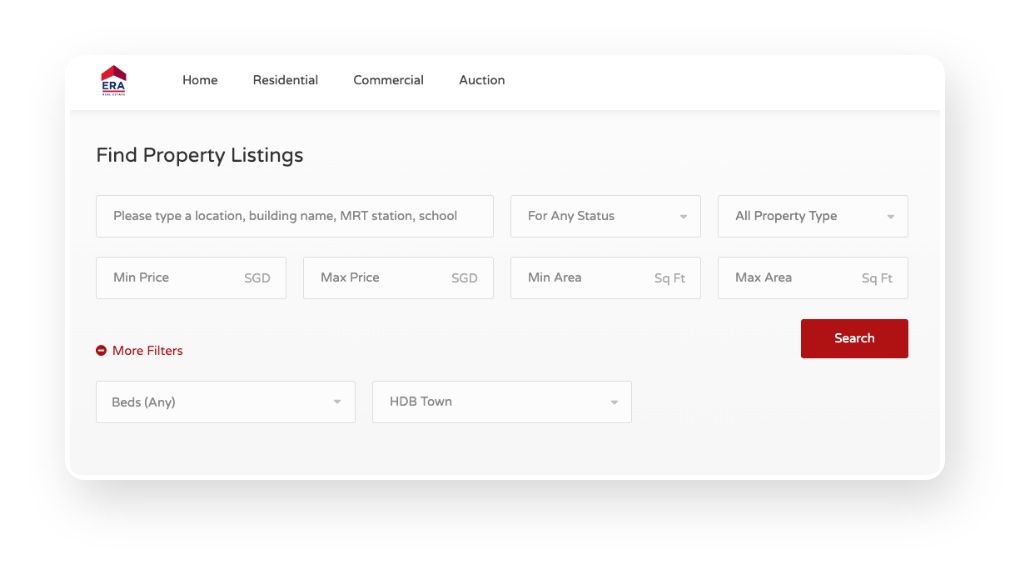 Existing agent portal search form with only price, area, beds and HDB town filters