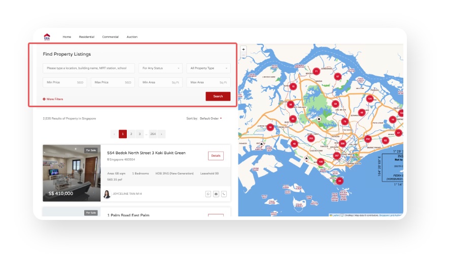 Existing listings page with the search panel highlighted at the top