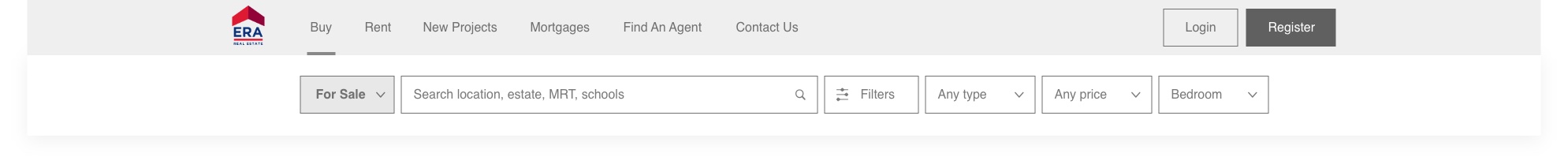 Buy page header with search field, filters button and type, price and bedroom dropdowns