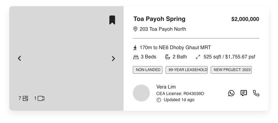 Buy page card with image carousel, price, MRT distance, beds, baths, tags and agent contact