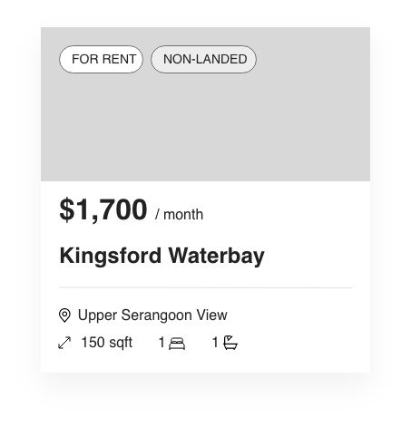 Latest Listing card with For Rent and Non-landed tags, price, name, location, size, beds and baths