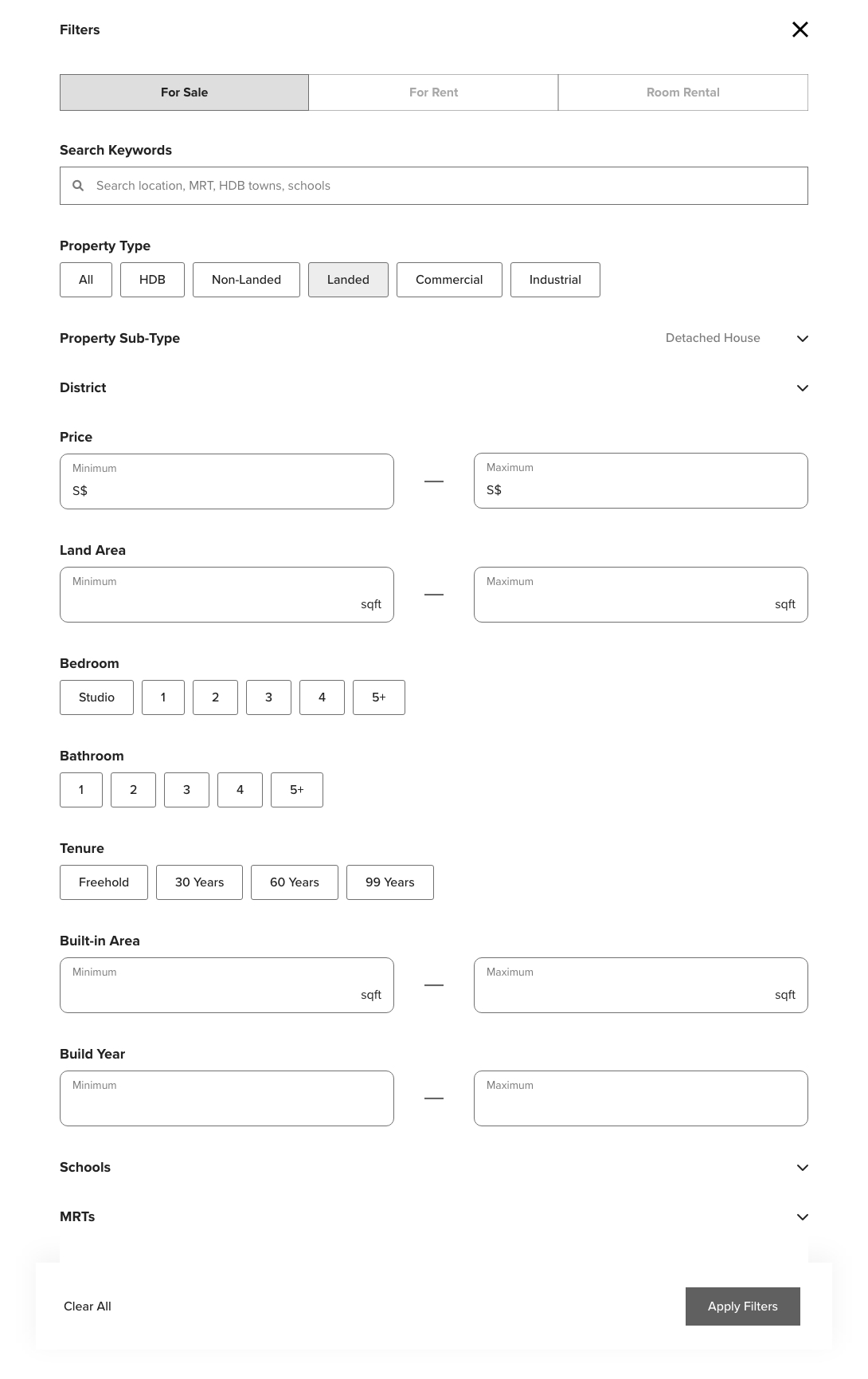Landed property filter panel with tenure options