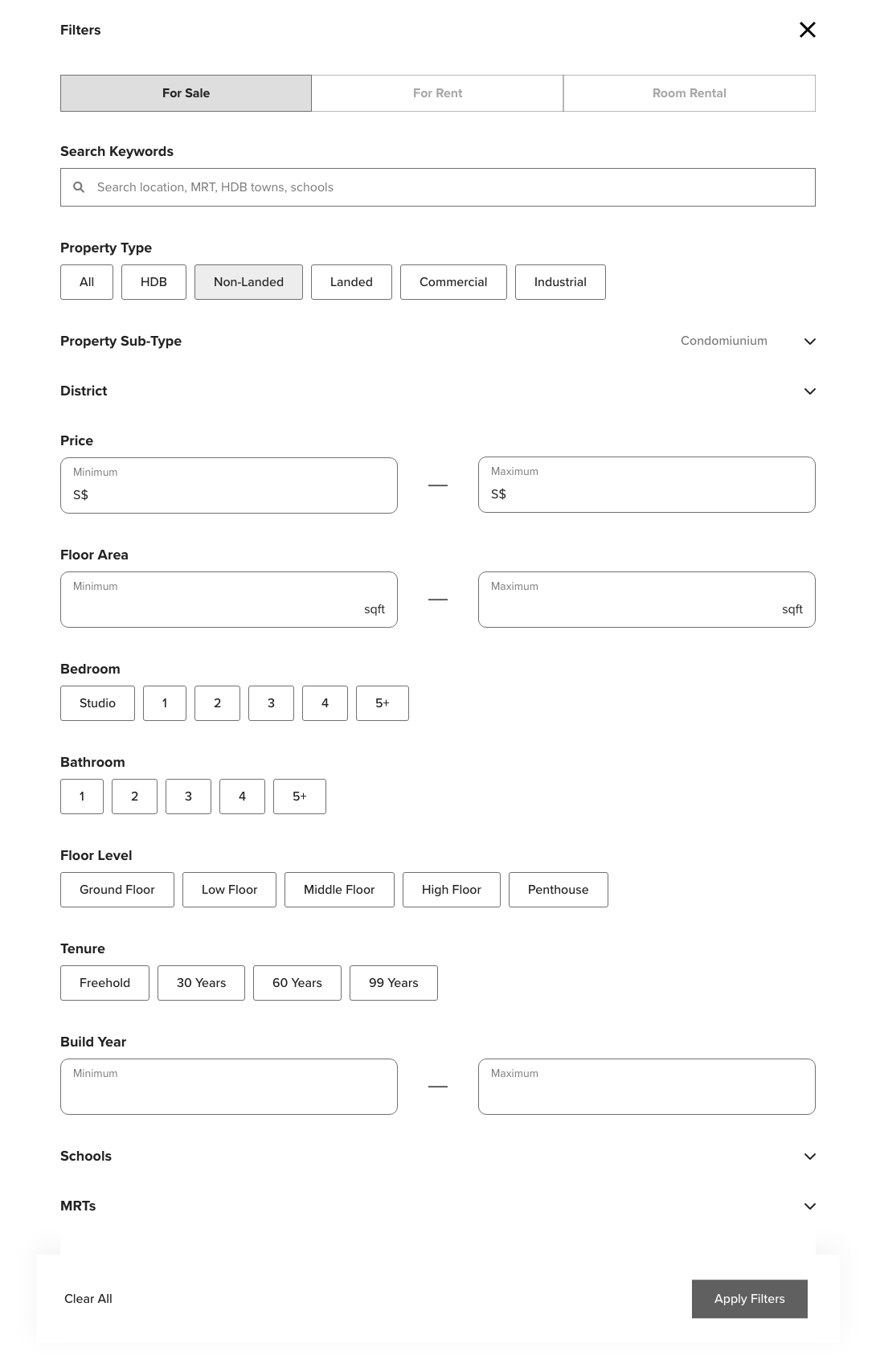 Non-landed property filter panel