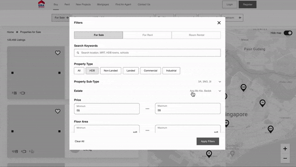 Animated prototype: opening the filters panel and switching property types