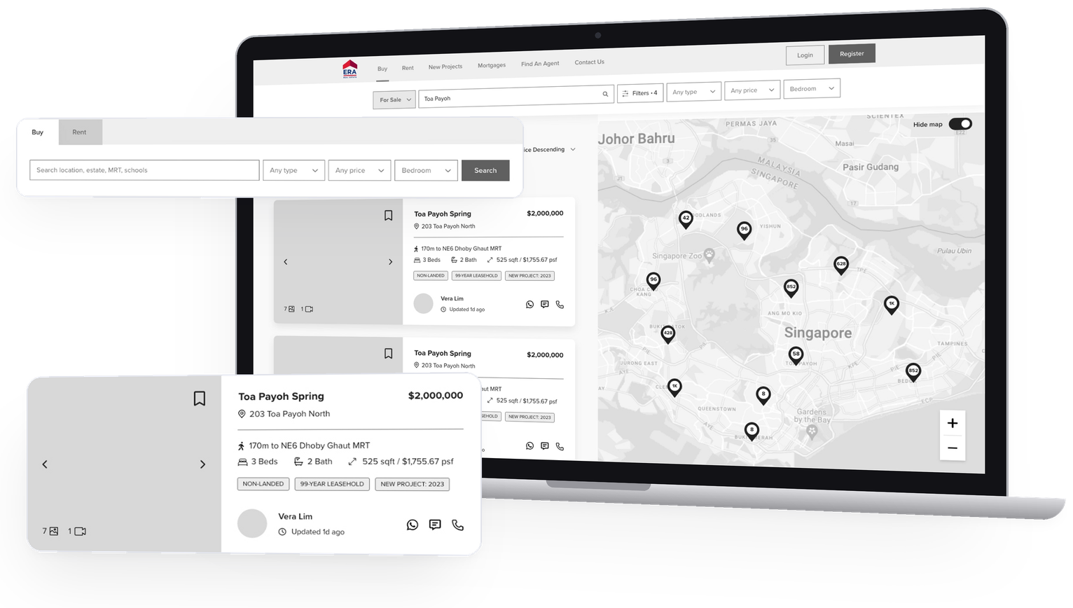 ERA map view wireframe on a laptop, with the homepage search bar and a listing card floating in front