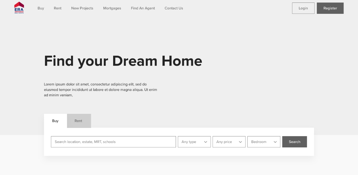 Homepage hero wireframe with Buy and Rent tabs above a search bar