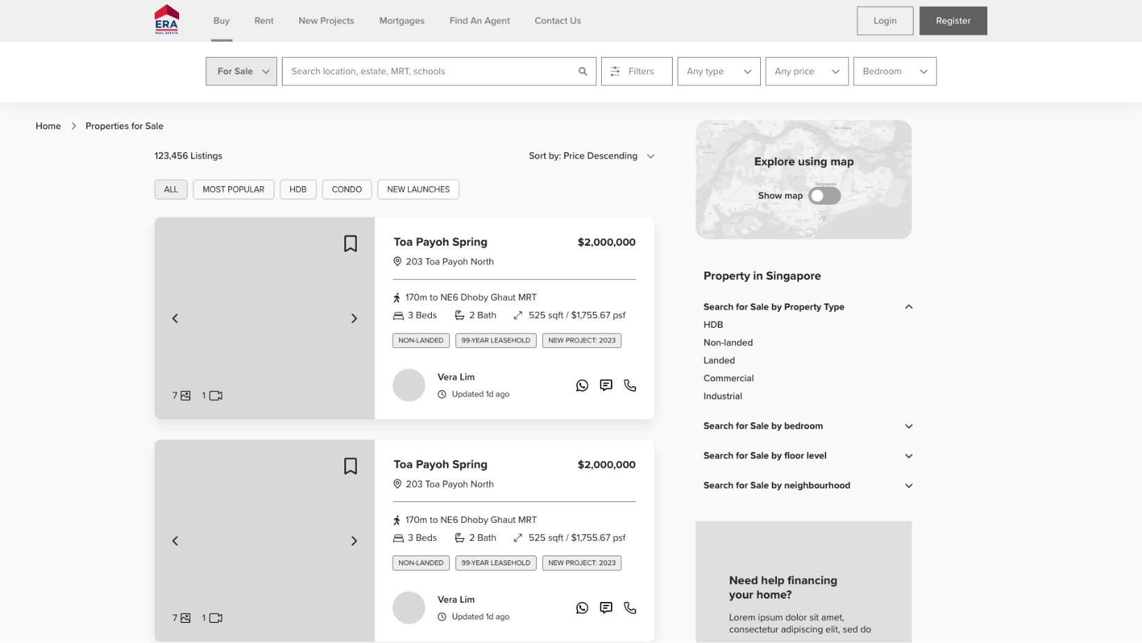 List view wireframe for browsing by property options