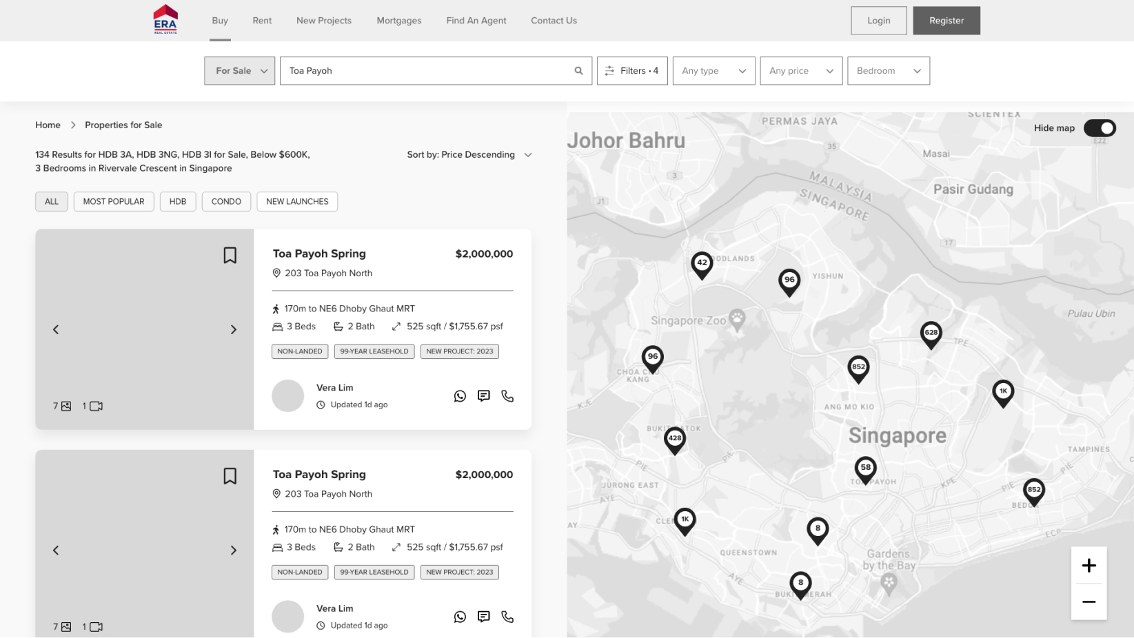 Map view wireframe: listing cards on the left, map with pinned listings on the right