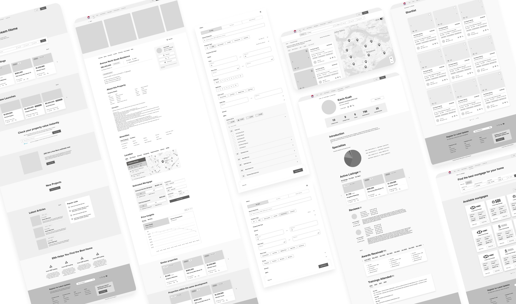 Spread of further wireframes, including the property page, agent profile, shortlist and mortgages pages