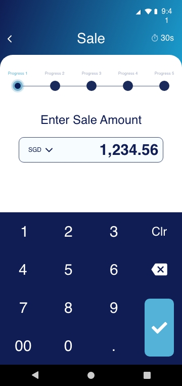 Hifi sale amount keypad with currency dropdown and 00 key