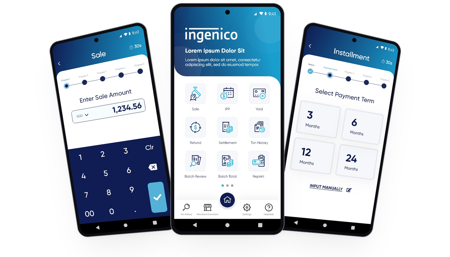 Three Android phones showing the home screen, sale amount keypad and installment payment term screens