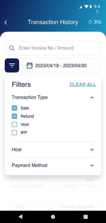 Hifi transaction history with filter panel open