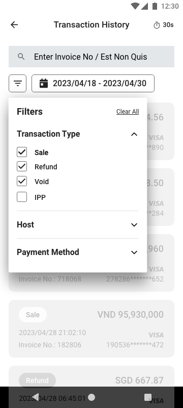 Lofi transaction history with filter panel open