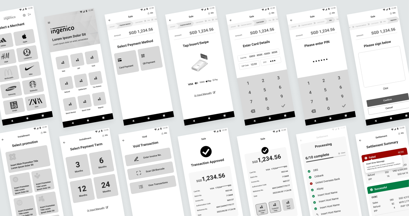 Spread of further app wireframes