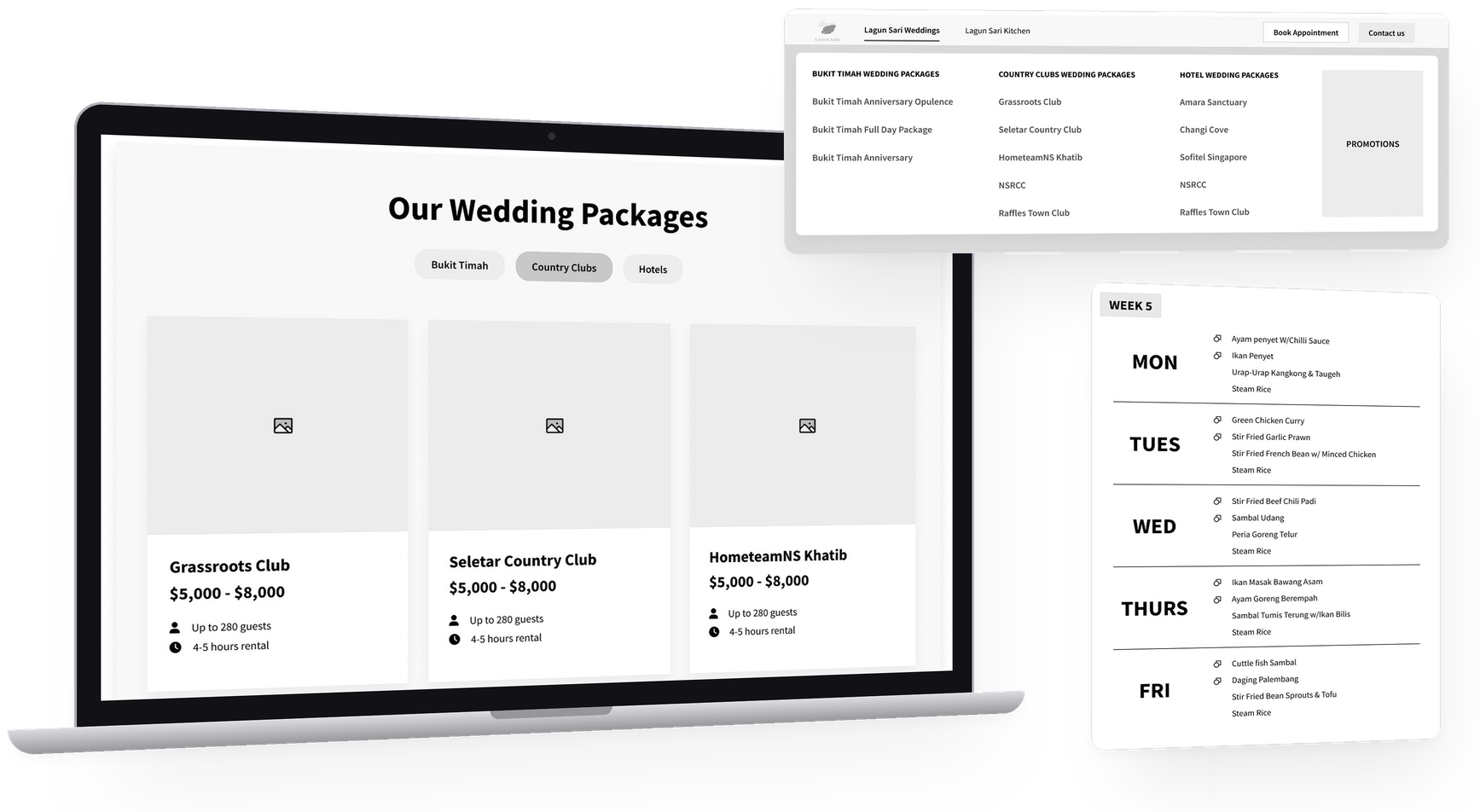 Lagun Sari wedding packages wireframe on a laptop, with the wedding megamenu and a weekly rotating menu floating beside it