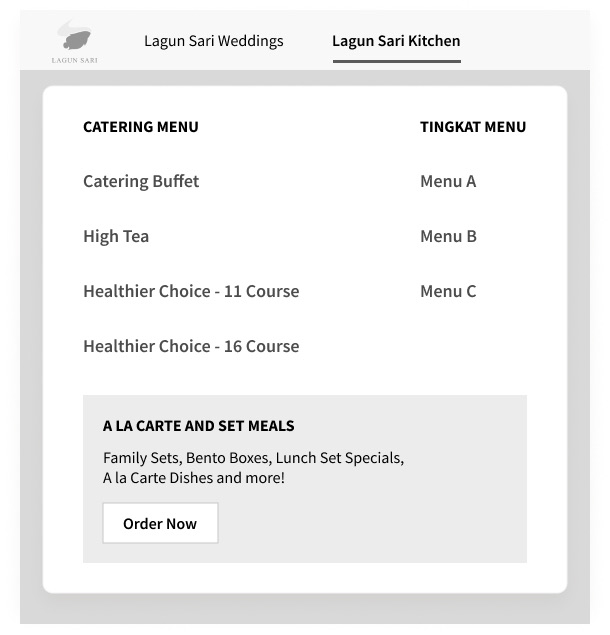 Kitchen mega menu listing catering and tingkat menus, with an order now prompt
