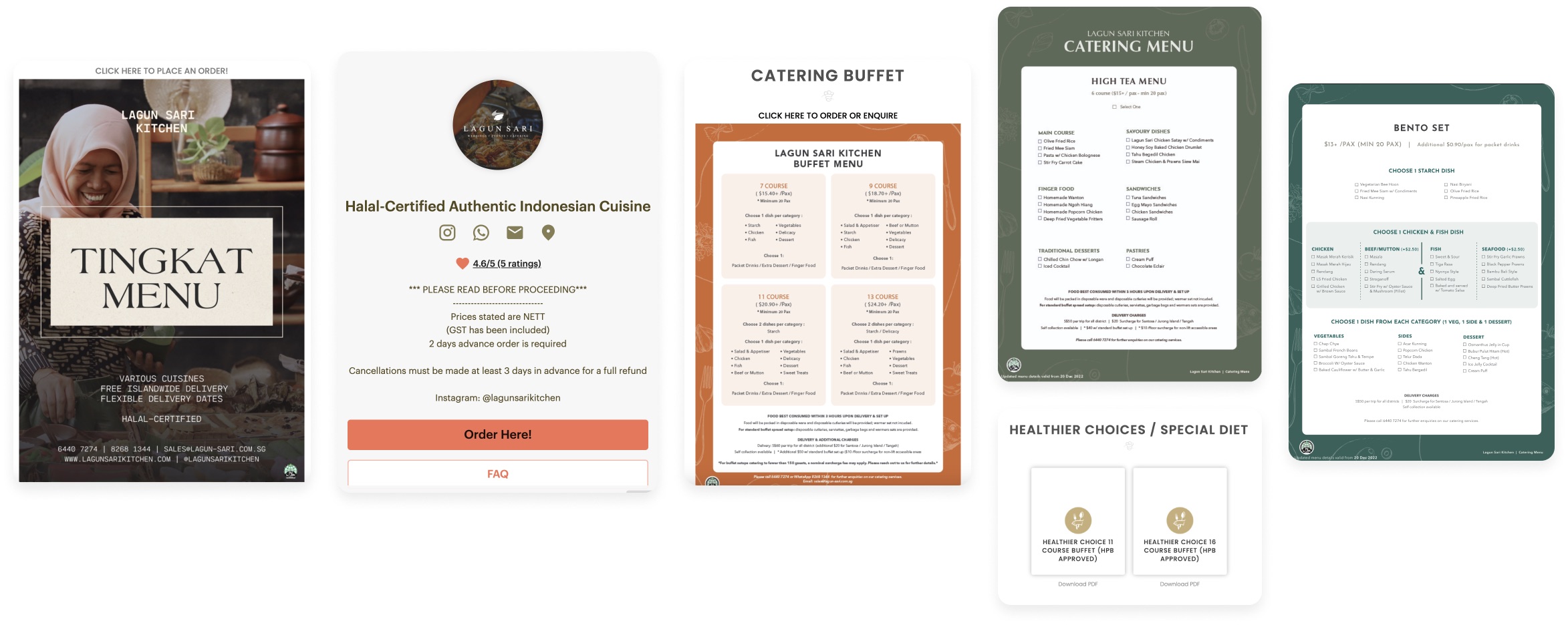 Existing catering subpages: a Tingkat menu image, an order page and PDF landing pages, each styled differently