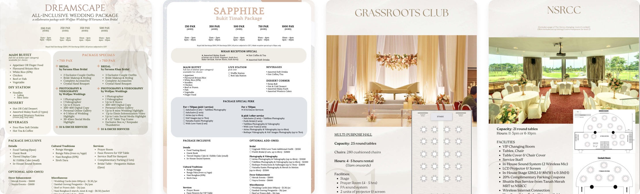Existing wedding package pages for four venues, each in a different dense layout