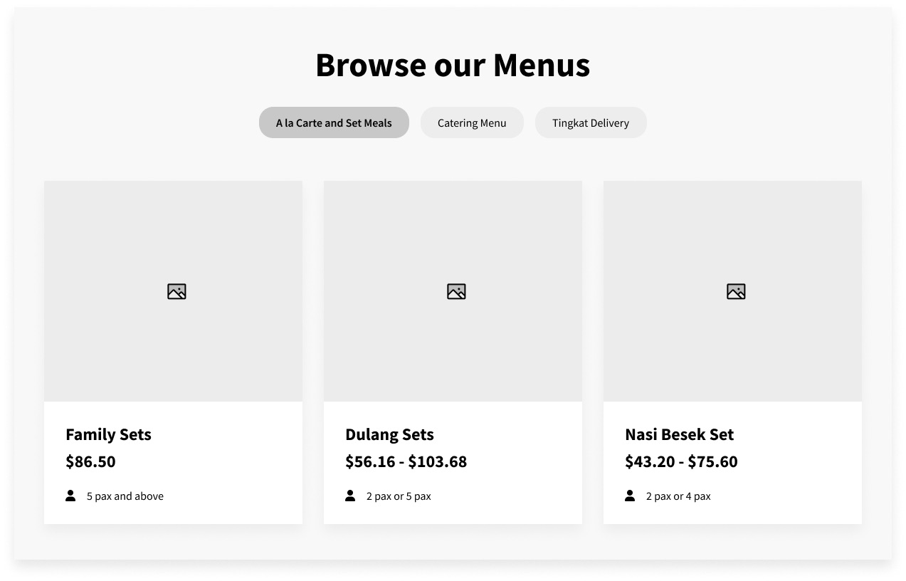 Menus section with meal-type tabs and summary cards showing price and pax