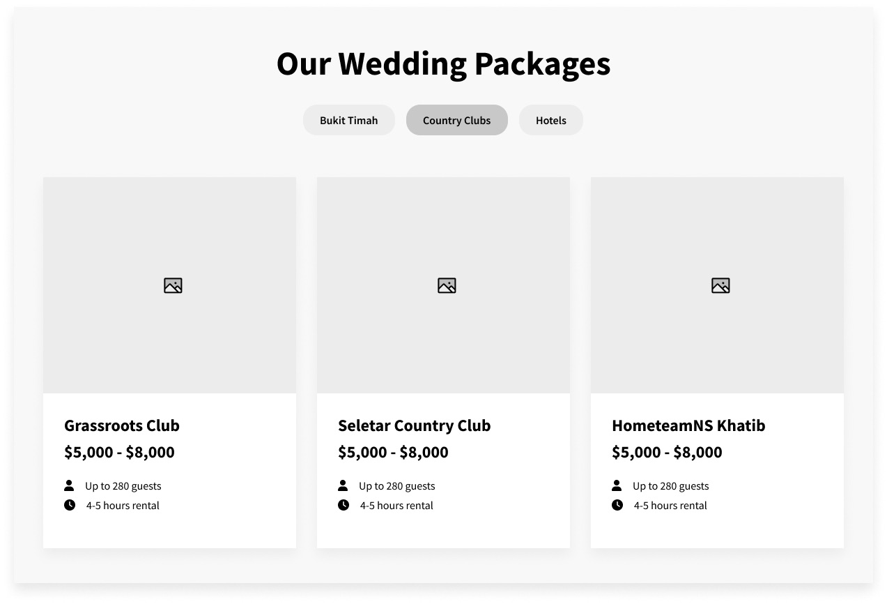 Wedding packages section with venue tabs and summary cards showing price and guest count