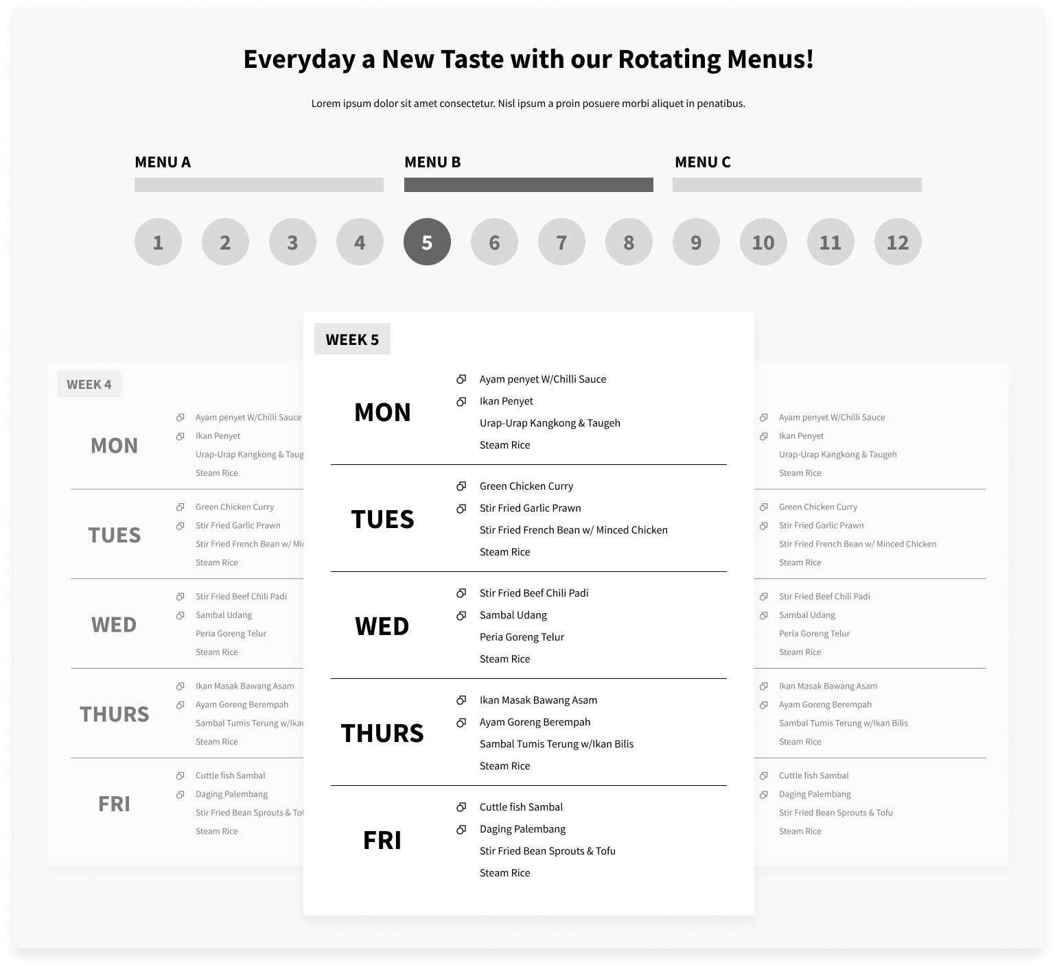 Proposed rotating Tingkat menu with week selector 1 to 12 and the current week's daily dishes