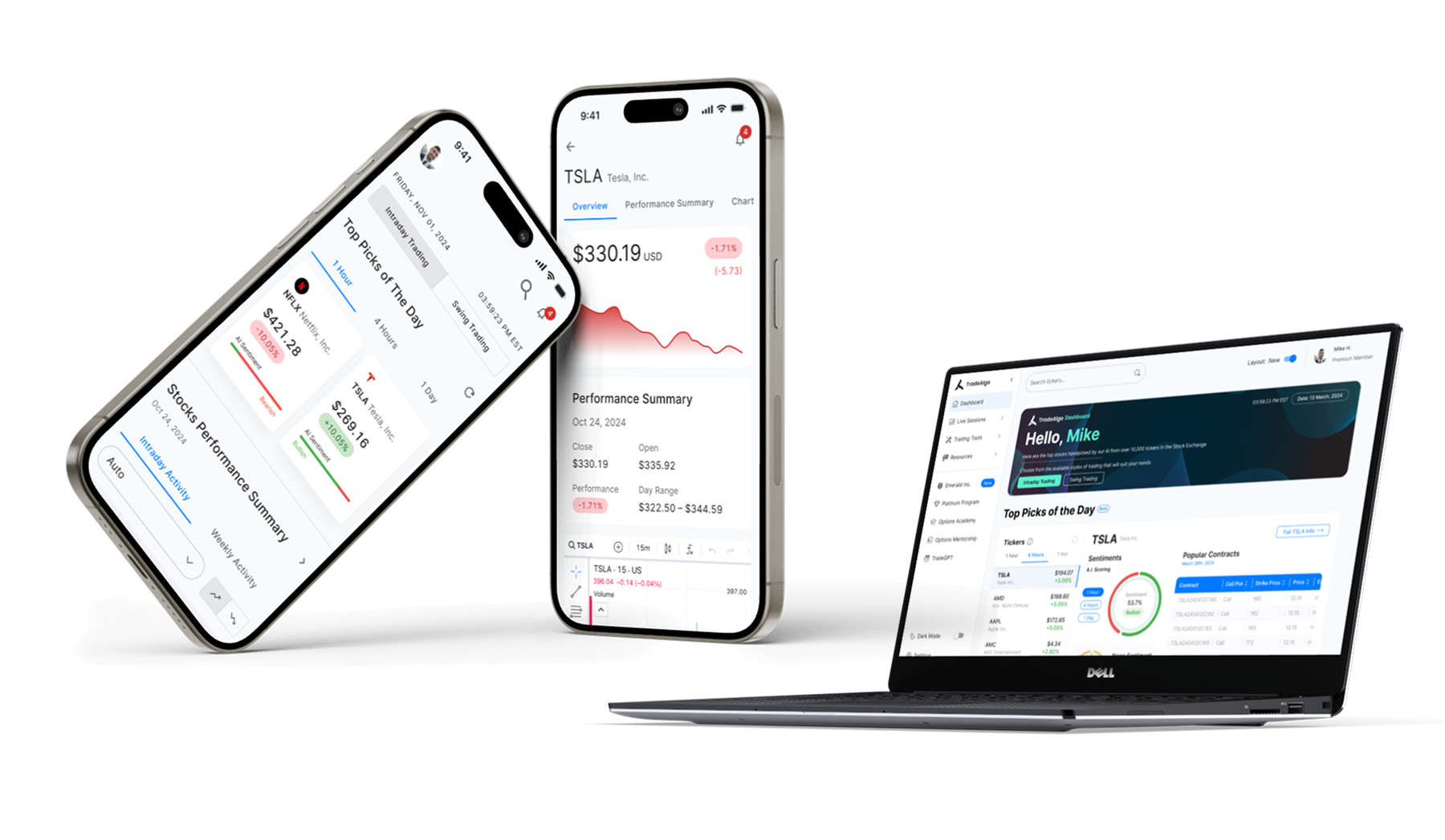 TradeAlgo on two iPhones and a laptop: Top Picks of the Day, the TSLA ticker page and the web dashboard