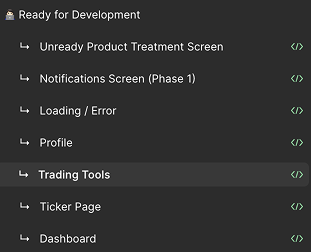 Figma page list under Ready for Development: Dashboard, Ticker Page, Trading Tools, Profile and more