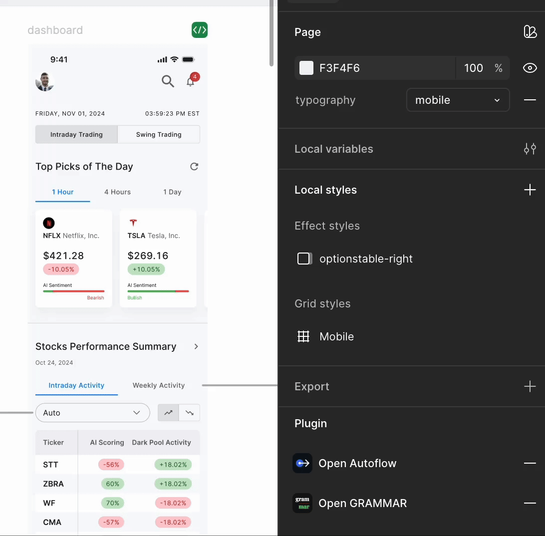 Screen recording in Figma switching the dashboard between light and dark mode