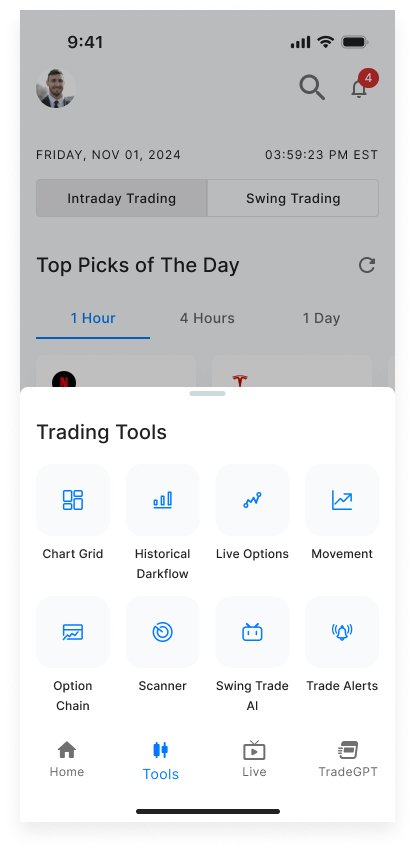 Mobile dashboard with the Trading Tools drawer open from the bottom navigation