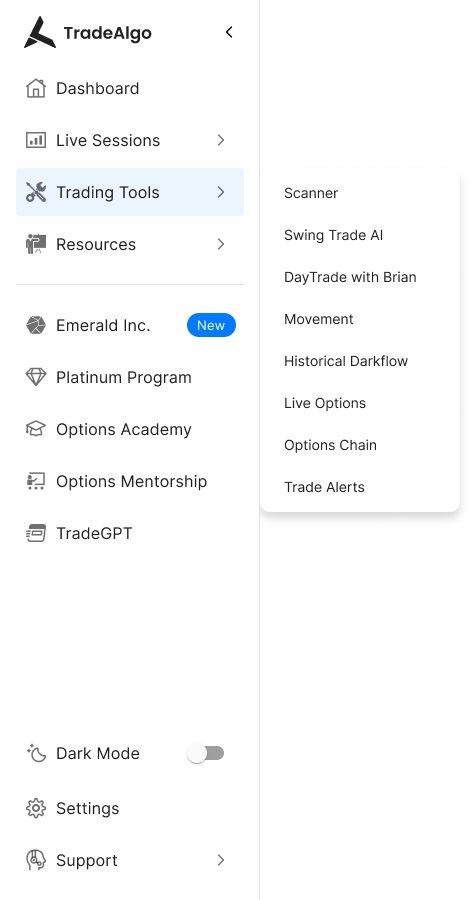 Web sidebar with the Trading Tools submenu open