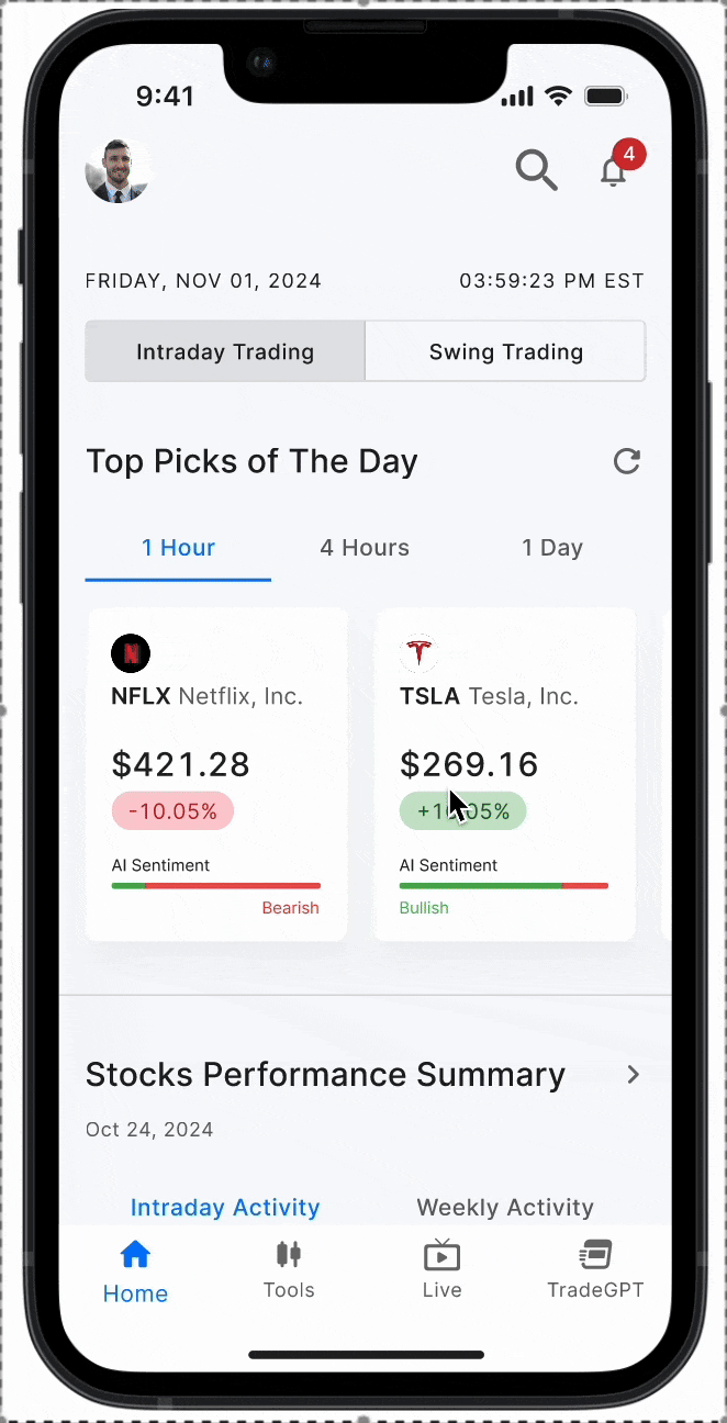 Animated mobile Top Picks: swiping through stock cards and tapping into a ticker