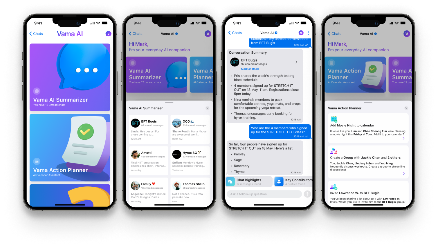 Vama AI on four iPhones: the AI home with Summarizer and Action Planner, a conversation summary and suggested actions