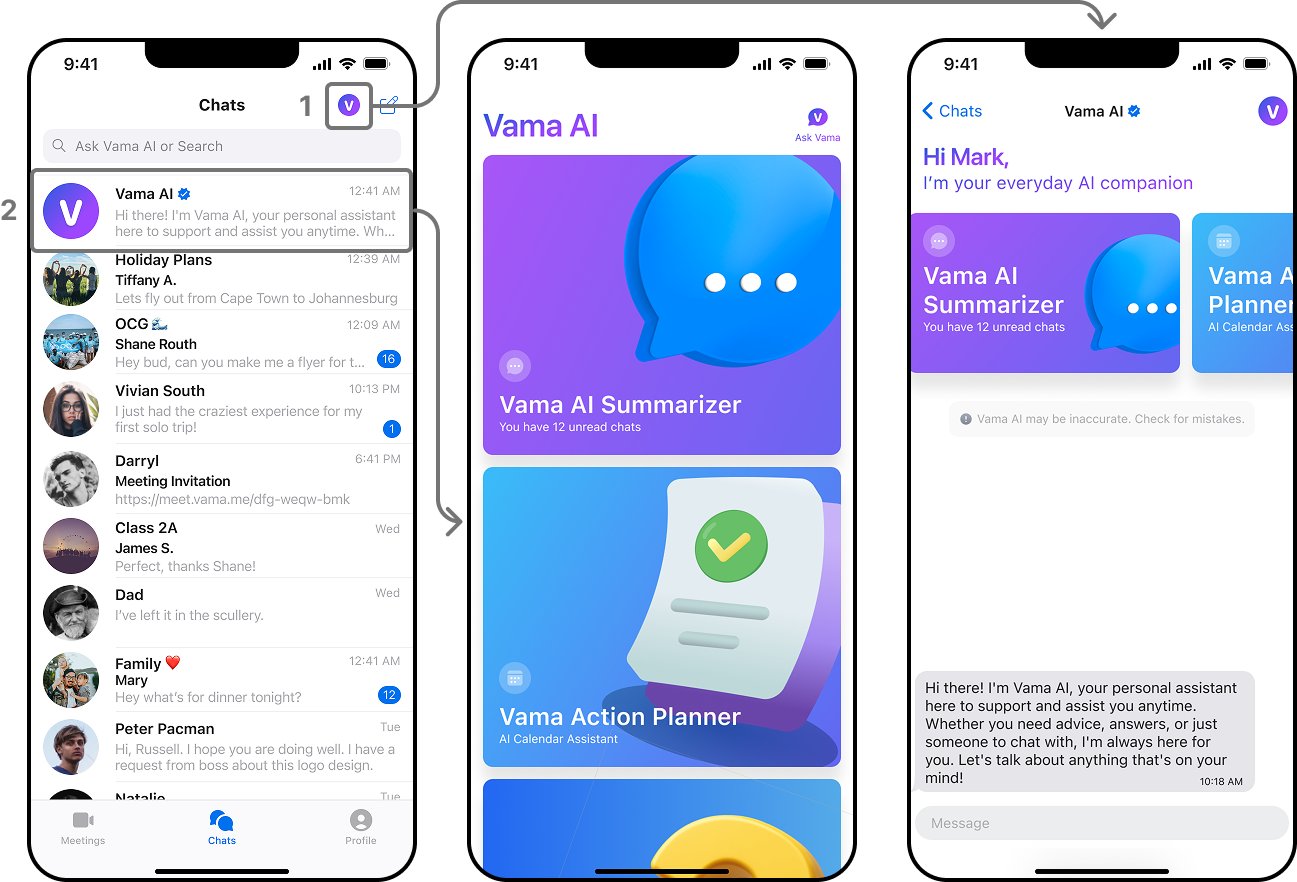 Two ways in: the Vama AI icon on the Chats screen opens the AI home, and Vama AI also appears as a chat