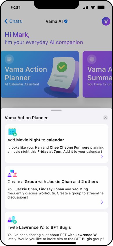 Action Planner pop-up with suggestions to add a calendar event, create a group and invite a contact