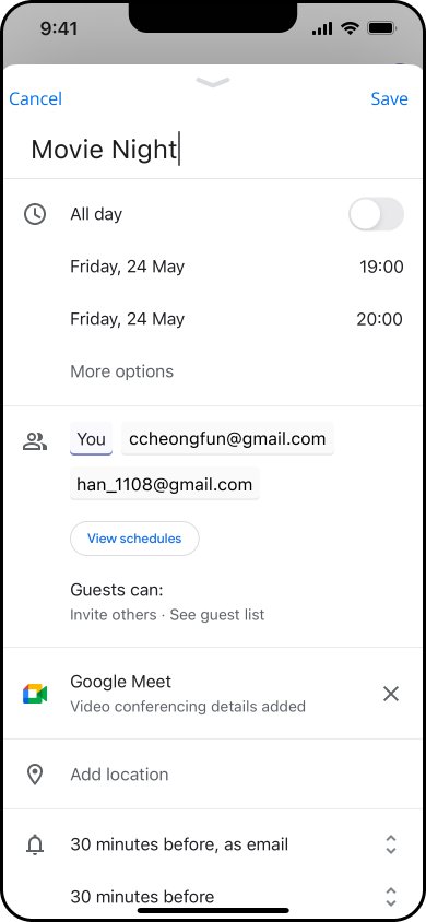 Google Calendar event pre-filled from the suggestion: Movie Night, Friday 24 May, with guests