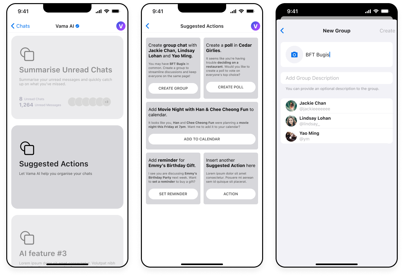Lofi wireframes of suggested actions: creating a group chat, a poll, a calendar reminder and a new group