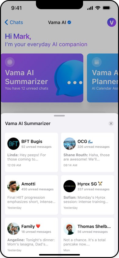 Vama AI Summarizer pop-up previewing unread chats with avatars, unread counts and last messages