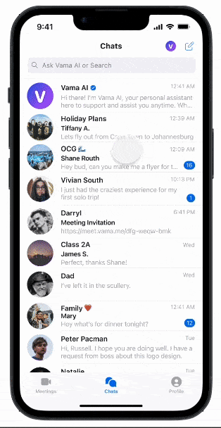 Animated prototype: opening Vama AI from Chats, summarising unread messages and viewing the summary