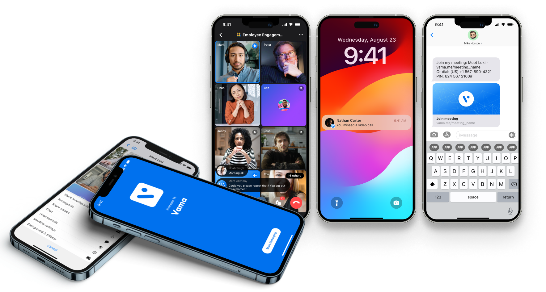 Vama Meetings on iPhones: a video call grid, the lock screen and the Meetings tab
