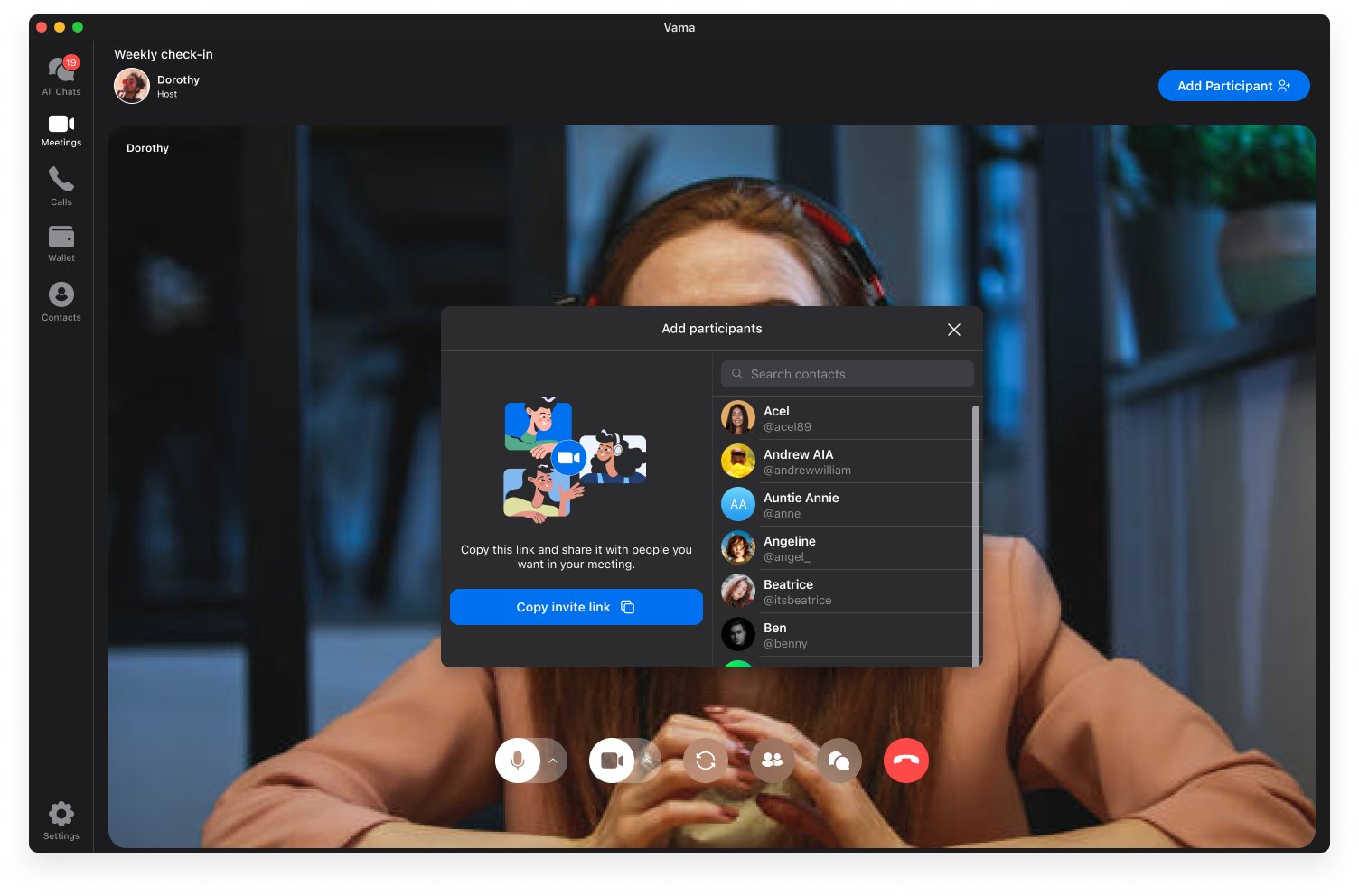 Add participants popup with a share link and a list of Vama contacts
