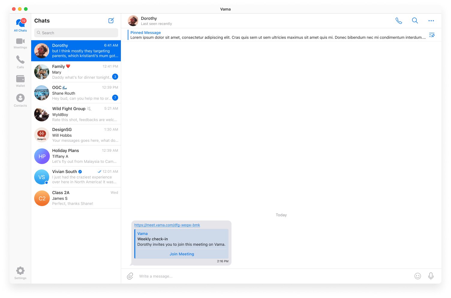 Chat view showing a meeting invite received as a direct message