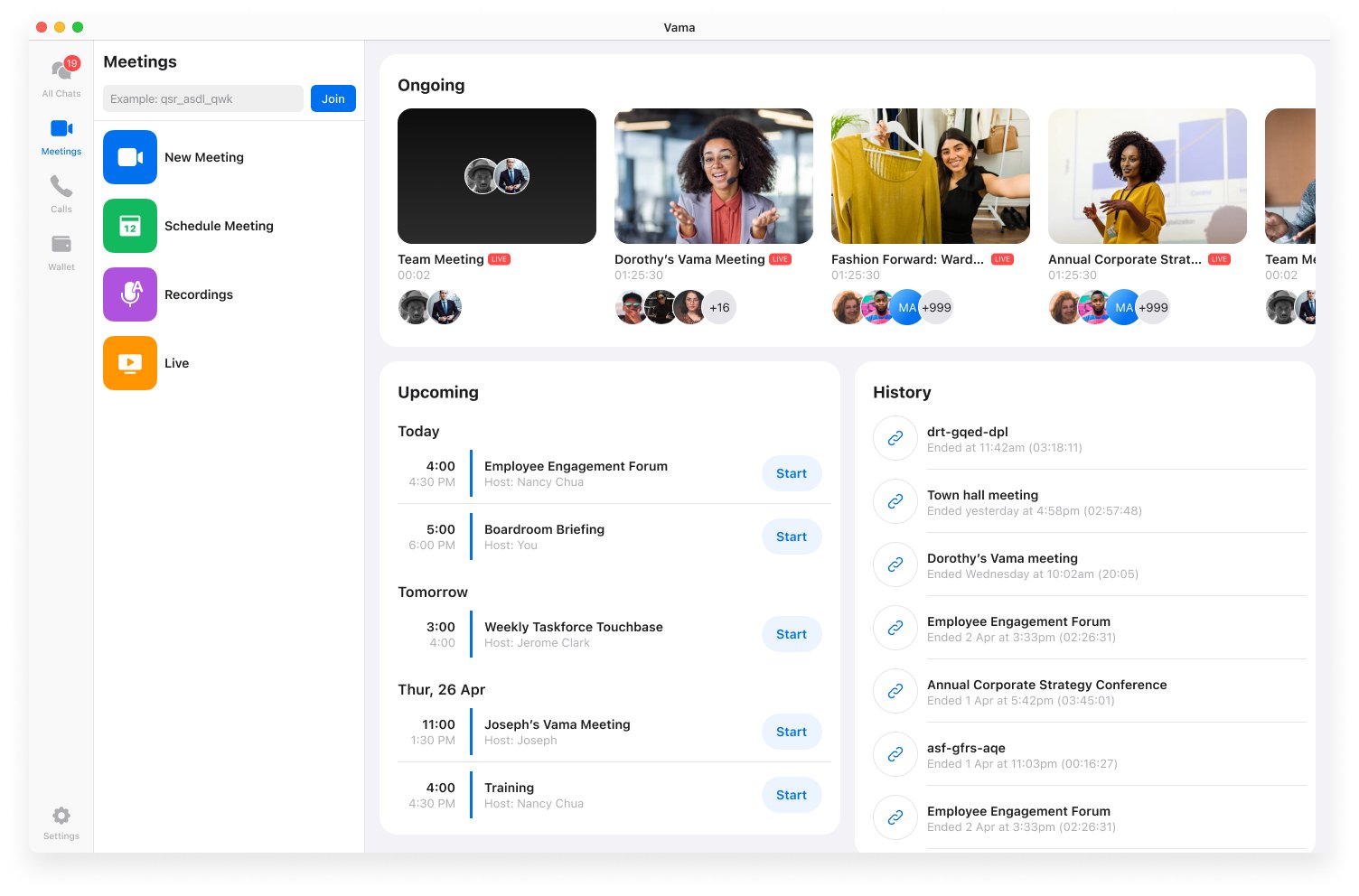 Desktop Meetings page: sidebar actions, a carousel of ongoing calls, upcoming meetings and call history