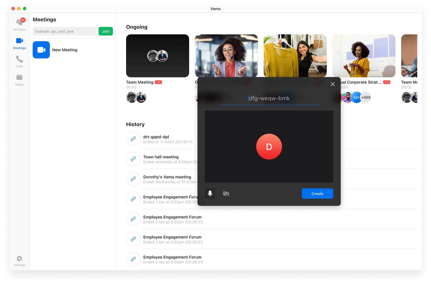 New Meeting popup with the camera turned off