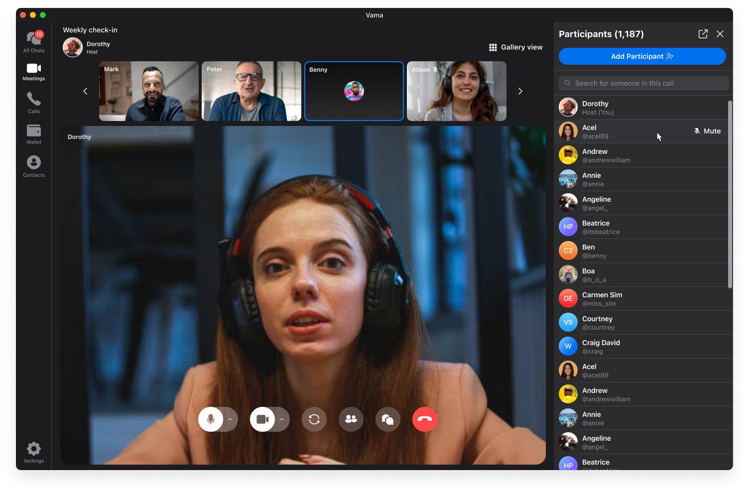 In-meeting view with the participant list open in a right sidebar
